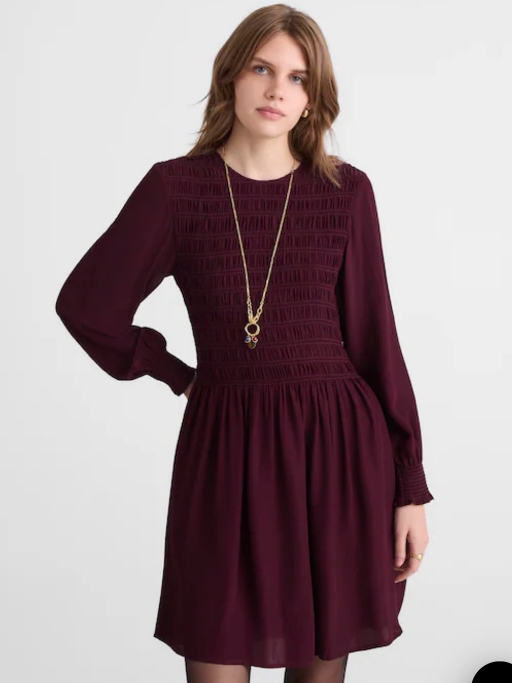 Madewell Women's Long-Sleeve Smocked Mini Dress, Burgundy, size S